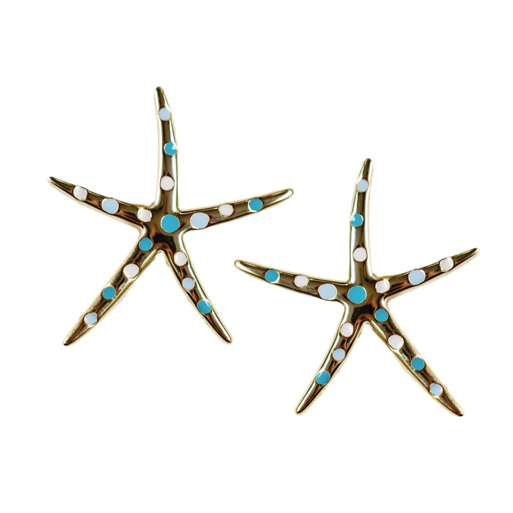 Gold Starfish Earrings with Blue and White Accents